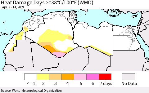 North Africa Heat Damage Days >=38°C/100°F (WMO) Thematic Map For 4/8/2024 - 4/14/2024
