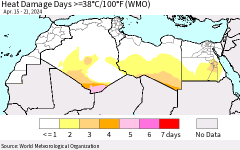 North Africa Heat Damage Days >=38°C/100°F (WMO) Thematic Map For 4/15/2024 - 4/21/2024