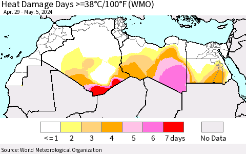 North Africa Heat Damage Days >=38°C/100°F (WMO) Thematic Map For 4/29/2024 - 5/5/2024