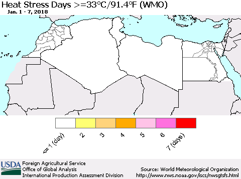 North Africa Heat Stress Days >=35°C/95°F (WMO) Thematic Map For 1/1/2018 - 1/7/2018