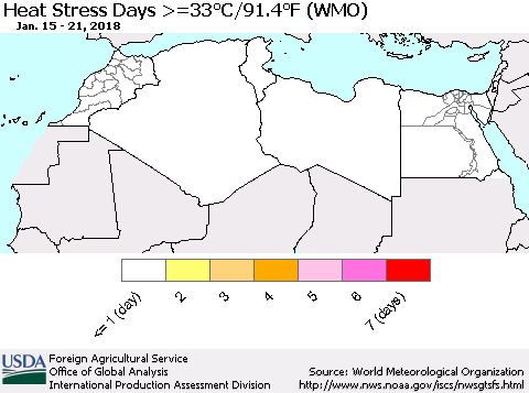 North Africa Heat Stress Days >=35°C/95°F (WMO) Thematic Map For 1/15/2018 - 1/21/2018
