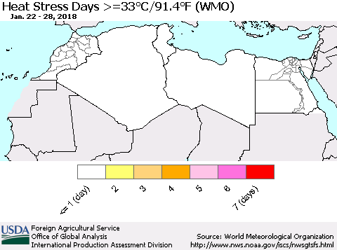 North Africa Heat Stress Days >=35°C/95°F (WMO) Thematic Map For 1/22/2018 - 1/28/2018