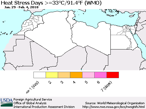North Africa Heat Stress Days >=35°C/95°F (WMO) Thematic Map For 1/29/2018 - 2/4/2018