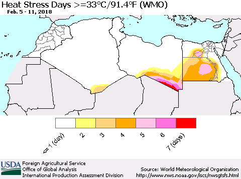 North Africa Heat Stress Days >=35°C/95°F (WMO) Thematic Map For 2/5/2018 - 2/11/2018