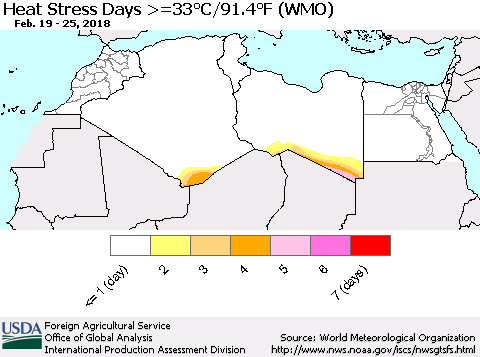 North Africa Heat Stress Days >=35°C/95°F (WMO) Thematic Map For 2/19/2018 - 2/25/2018