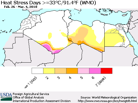 North Africa Heat Stress Days >=35°C/95°F (WMO) Thematic Map For 2/26/2018 - 3/4/2018