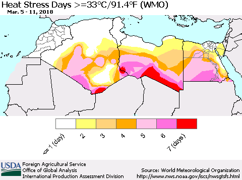 North Africa Heat Stress Days >=35°C/95°F (WMO) Thematic Map For 3/5/2018 - 3/11/2018