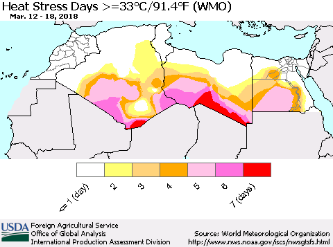 North Africa Heat Stress Days >=35°C/95°F (WMO) Thematic Map For 3/12/2018 - 3/18/2018
