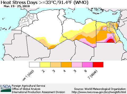 North Africa Heat Stress Days >=35°C/95°F (WMO) Thematic Map For 3/19/2018 - 3/25/2018