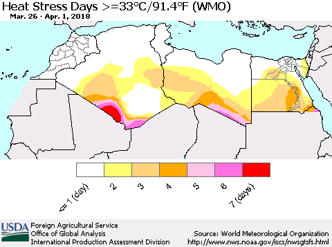 North Africa Heat Stress Days >=35°C/95°F (WMO) Thematic Map For 3/26/2018 - 4/1/2018