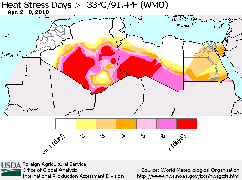 North Africa Heat Stress Days >=35°C/95°F (WMO) Thematic Map For 4/2/2018 - 4/8/2018