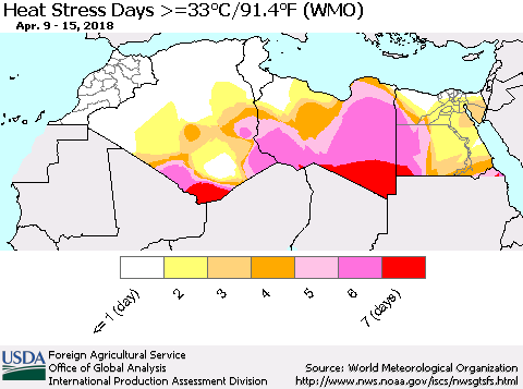 North Africa Heat Stress Days >=35°C/95°F (WMO) Thematic Map For 4/9/2018 - 4/15/2018