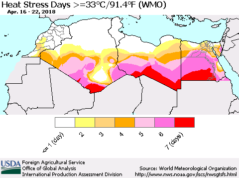 North Africa Heat Stress Days >=35°C/95°F (WMO) Thematic Map For 4/16/2018 - 4/22/2018