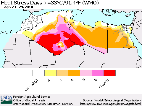 North Africa Heat Stress Days >=35°C/95°F (WMO) Thematic Map For 4/23/2018 - 4/29/2018