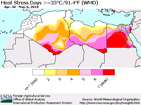 North Africa Heat Stress Days >=35°C/95°F (WMO) Thematic Map For 4/30/2018 - 5/6/2018