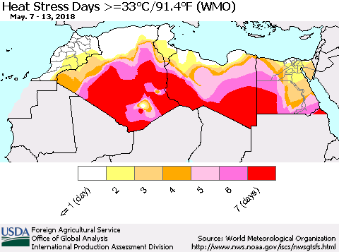 North Africa Heat Stress Days >=35°C/95°F (WMO) Thematic Map For 5/7/2018 - 5/13/2018
