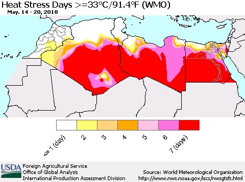 North Africa Heat Stress Days >=35°C/95°F (WMO) Thematic Map For 5/14/2018 - 5/20/2018