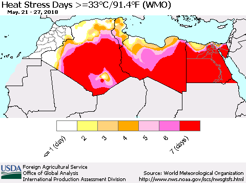 North Africa Heat Stress Days >=35°C/95°F (WMO) Thematic Map For 5/21/2018 - 5/27/2018