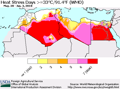 North Africa Heat Stress Days >=35°C/95°F (WMO) Thematic Map For 5/28/2018 - 6/3/2018