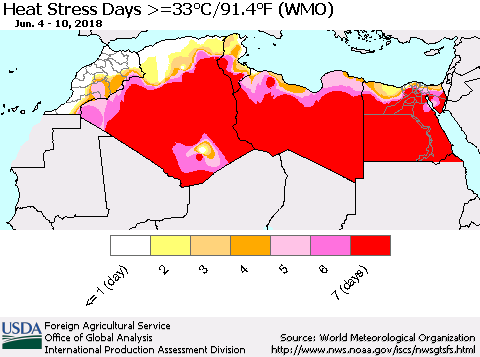 North Africa Heat Stress Days >=35°C/95°F (WMO) Thematic Map For 6/4/2018 - 6/10/2018