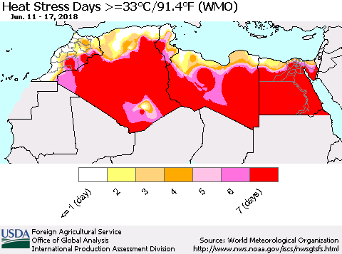 North Africa Heat Stress Days >=35°C/95°F (WMO) Thematic Map For 6/11/2018 - 6/17/2018
