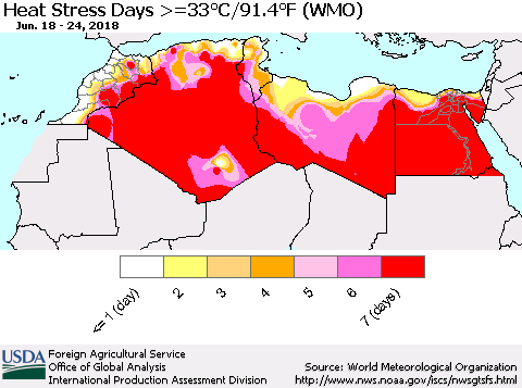 North Africa Heat Stress Days >=35°C/95°F (WMO) Thematic Map For 6/18/2018 - 6/24/2018