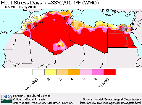 North Africa Heat Stress Days >=35°C/95°F (WMO) Thematic Map For 6/25/2018 - 7/1/2018
