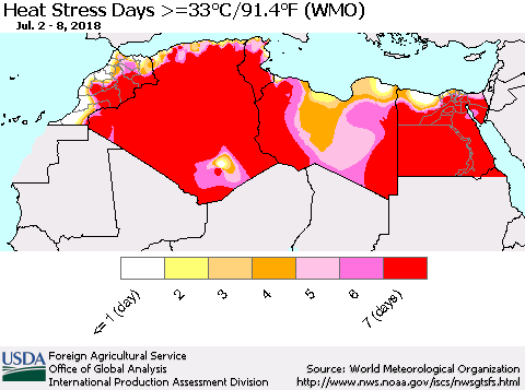 North Africa Heat Stress Days >=35°C/95°F (WMO) Thematic Map For 7/2/2018 - 7/8/2018