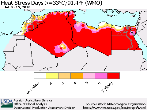 North Africa Heat Stress Days >=35°C/95°F (WMO) Thematic Map For 7/9/2018 - 7/15/2018
