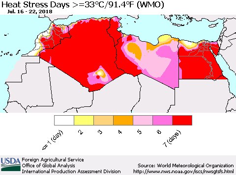 North Africa Heat Stress Days >=35°C/95°F (WMO) Thematic Map For 7/16/2018 - 7/22/2018