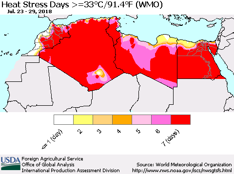 North Africa Heat Stress Days >=35°C/95°F (WMO) Thematic Map For 7/23/2018 - 7/29/2018