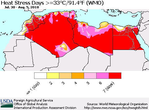 North Africa Heat Stress Days >=35°C/95°F (WMO) Thematic Map For 7/30/2018 - 8/5/2018