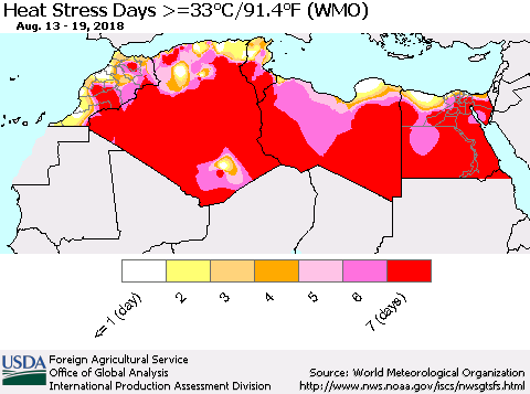 North Africa Heat Stress Days >=35°C/95°F (WMO) Thematic Map For 8/13/2018 - 8/19/2018
