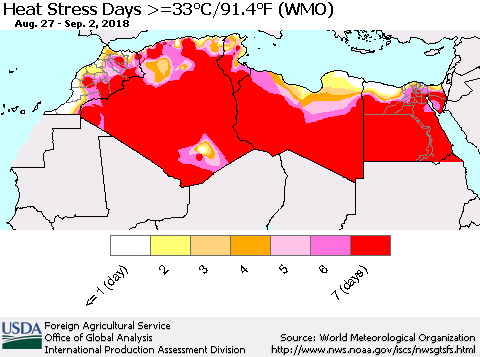 North Africa Heat Stress Days >=35°C/95°F (WMO) Thematic Map For 8/27/2018 - 9/2/2018