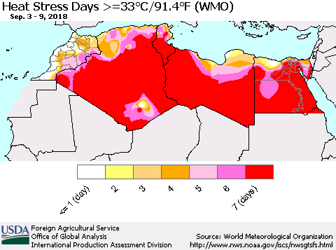 North Africa Heat Stress Days >=35°C/95°F (WMO) Thematic Map For 9/3/2018 - 9/9/2018