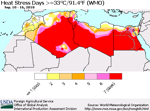 North Africa Heat Stress Days >=35°C/95°F (WMO) Thematic Map For 9/10/2018 - 9/16/2018