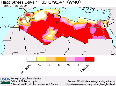 North Africa Heat Stress Days >=35°C/95°F (WMO) Thematic Map For 9/17/2018 - 9/23/2018