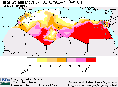 North Africa Heat Stress Days >=35°C/95°F (WMO) Thematic Map For 9/24/2018 - 9/30/2018