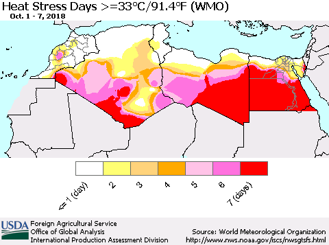 North Africa Heat Stress Days >=35°C/95°F (WMO) Thematic Map For 10/1/2018 - 10/7/2018