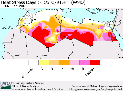 North Africa Heat Stress Days >=35°C/95°F (WMO) Thematic Map For 10/8/2018 - 10/14/2018