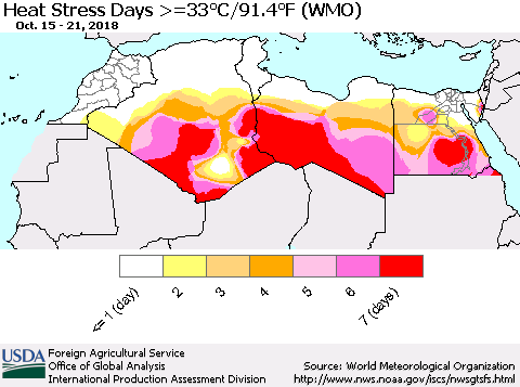 North Africa Heat Stress Days >=35°C/95°F (WMO) Thematic Map For 10/15/2018 - 10/21/2018