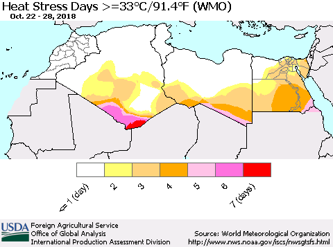 North Africa Heat Stress Days >=35°C/95°F (WMO) Thematic Map For 10/22/2018 - 10/28/2018