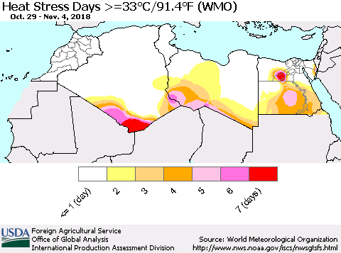 North Africa Heat Stress Days >=35°C/95°F (WMO) Thematic Map For 10/29/2018 - 11/4/2018
