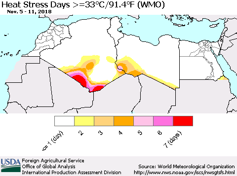 North Africa Heat Stress Days >=35°C/95°F (WMO) Thematic Map For 11/5/2018 - 11/11/2018