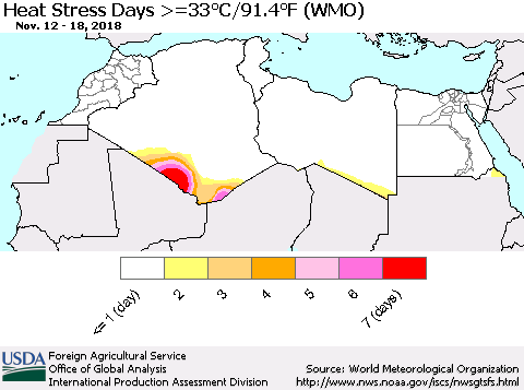 North Africa Heat Stress Days >=35°C/95°F (WMO) Thematic Map For 11/12/2018 - 11/18/2018