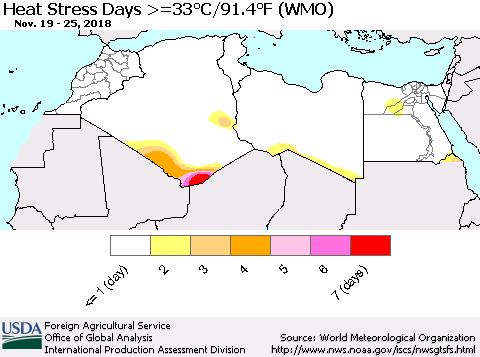 North Africa Heat Stress Days >=35°C/95°F (WMO) Thematic Map For 11/19/2018 - 11/25/2018
