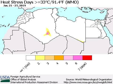 North Africa Heat Stress Days >=35°C/95°F (WMO) Thematic Map For 1/21/2019 - 1/27/2019