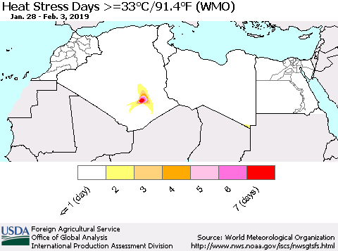 North Africa Heat Stress Days >=35°C/95°F (WMO) Thematic Map For 1/28/2019 - 2/3/2019