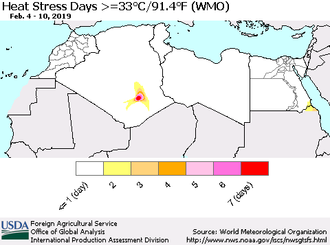 North Africa Heat Stress Days >=35°C/95°F (WMO) Thematic Map For 2/4/2019 - 2/10/2019