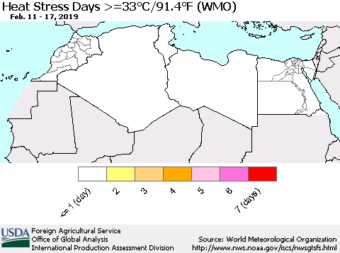 North Africa Heat Stress Days >=35°C/95°F (WMO) Thematic Map For 2/11/2019 - 2/17/2019
